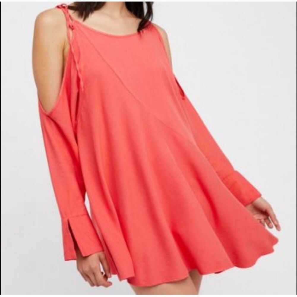 NWT FREE PEOPLE Clear Skies Red Cold-Shoulder Asymmetrical Ruffle Tunic Size XS